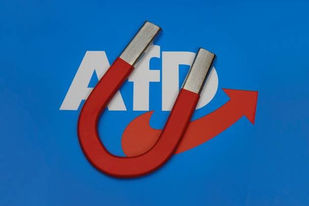 Hufeisenmagnet und AfD-Logo Hufeisenmagnet und AfD-Logo, 08.01.2024, Borkwalde, Brandenburg, Auf einem AfD-Symbol liegt ein Hufeisenmagnet. *** Horseshoe magnet and AfD logo Horseshoe magnet and AfD logo, 08 01 2024, Borkwalde, Brandenburg, On an AfD symbol lies a horseshoe magnet