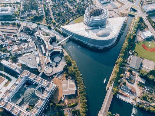 RECORD DATE NOT STATED Aerial Shot of the European Parliament in Strasbourg, France on a sunny day 1997485