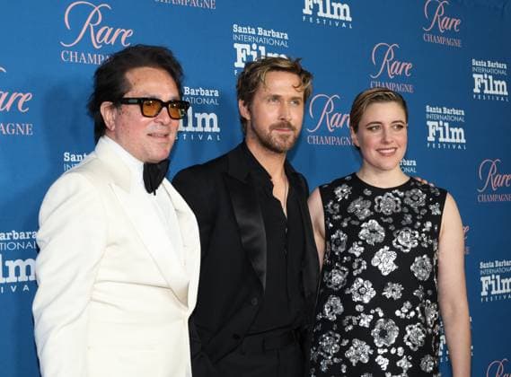 January 13, 2024, Santa Barbara, California, U.S.A: Left to Right: SBIFF Executive Director Roger Durling, Master of Ceremonies, poses with Movie Star Ryan Gosling and Barbie Director Greta Gerwig on the Red Carpet before Gosling receives the Kirk Douglas Award for Excellence in Film from Santa Barbara International Film Festival 2024 on January 13. The exclusive dinner gala and fundraiser was held at the Ritz-Carlton Hotel, Santa Barbara. Santa Barbara U.S.A - ZUMAk144 20240113_znp_k144_034 Copyright: xAmyxKatzx