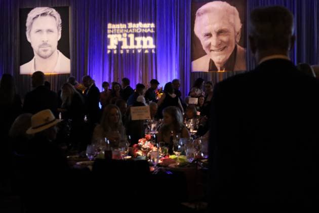 January 13, 2024, Santa Barbara, California, U.S.A: Images of Ryan Gosling and Kirk Douglas the blue curtain during the Kirk Douglas Award for Excellence in Film fundraising gala for the Santa Barbara International Film Festival 2024, on January 13. The exclusive dinner event was held at the Ritz-Carlton Hotel, Santa Barbara. Santa Barbara U.S.A - ZUMAk144 20240113_znp_k144_058 Copyright: xAmyxKatzx