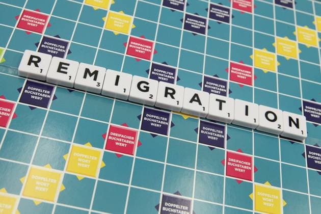 Der Begriff Remigration ist mit Scrabble-Steinen auf ein Scrabble-Feld gelegt worden. Der Begriff wurde zum Unwort des Jahres 2023 gewählt. Lurup Hamburg *** The term remigration has been placed on a Scrabble field with Scrabble tiles The term was chosen as the bad word of the year 2023 Lurup Hamburg