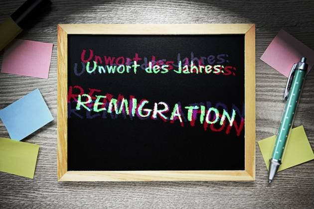 FOTOMONTAGE, Buchstaben bilden den Schriftzug Unwort des Jahres Remigration auf einer Tafel, Unwort des Jahres 2023 *** PHOTOMONTAGE, letters form the lettering Unword of the Year Remigration on a board, Unword of the Year 2023 ** NUR FUER REDAKTIONELLE ZWECKE ** EDITORIAL USE ONLY **