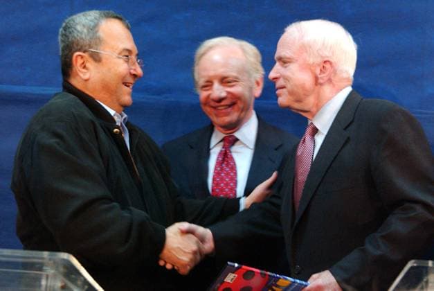 McCAIN VISITS SDEROT, ISRAEL: ROCKET ATTACKS DEMAND RESPONSE U.S. Senator John McCain, Joe Lieberman and Israel s Defense Minister Ehud Barak in Sderot Israel on Wednesday March 19, 2008. McCain said on Wednesday that he understands Israel s tough response to Palestinian rocket fire. The Republican made the remarks during a joint press conference with Israel s Defense Minister Ehud Barak following a tour of the rocket-battered town of Sderot. No nation in the world can be attacked incessantly without responding, he said. McCain, on what he described as a fact-finding mission to the Middle East, expressed empathy for residents of Sderot. The town, situated near the border with Gaza, is a frequent target of Palestinian rocket fire. Israel h Copyright: xx x cewitness003960
