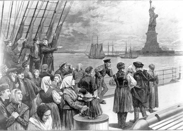 Welcome to the Land of Freedom Immigrants on the steerage deck of the steamer Germanic enter New York Harbor and catch sight of the Statue of Liberty. This wood engraving was published in Leslie s Illustrated Newspaper on July 2, 1887. New York City NY United States EDITORIAL USE ONLY Copyright: xx 1880.0125 x picturehistory000794