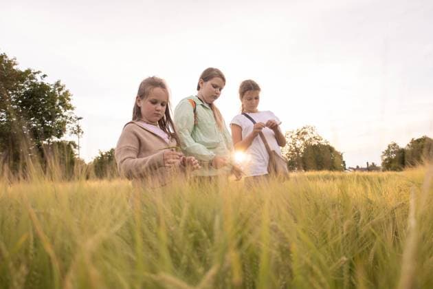 three teenage girls walking in nature, life in the village Mainz, Rhineland-Palatinate, Germany R_ZQTX240116-1326968-01 ,model released, Symbolfoto