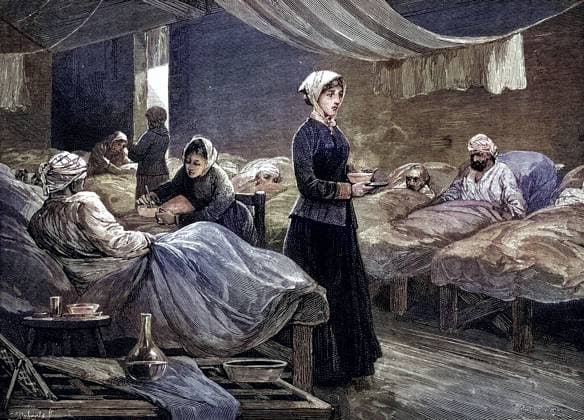 Florence Nightingale (12. Mai 1820 -13. August 1910) war eine britische Krankenschwester, Statistikerin, Begünderin der modernen westlichen Krankenpflege,, in the barrack hospital at Scutari during the Crimean War (1853-56). Wood engraving c1880., Historisch, digital restaurierte Reproduktion von einer Vorlage aus dem 19. Jahrhundert, Record date not stated