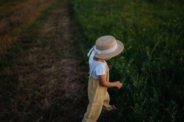 Rear view of adorable little girl with straw hat on walk during warm summer evening. Rear view of adorable little girl with straw hat on walk during warm summer evening. Child with curly blonde hair picking flowers during sunset. Kids spending summer with grandparents in the countryside. model released Copyright: xTatianaxZiskovax HHH SOLO TZ SOLAR ENERGY 2023 HHH 653