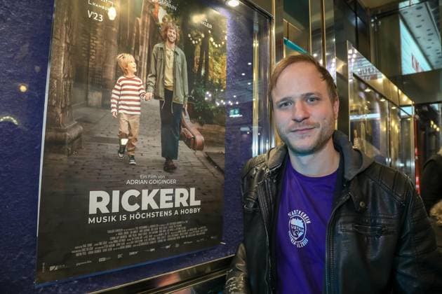 17 01 2024, Gartenbaukino, RICKERL MUSIK IS HÖCHSTENS A HOBBY Premiere , Absolute premiere highlight by Adrian Goiginger in the picture Adriane Gradziel, director, with film poster, RICKERL MUSIK IS HÖCHSTENS A HOBBY Premiere