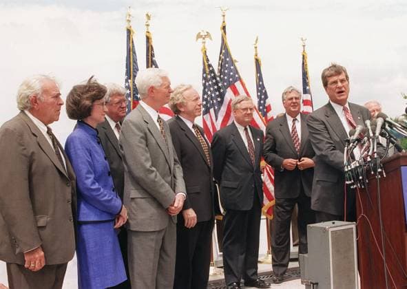 6 29 99 NATIONAL MISSILE DEFENSE BILL ENROLLMENT--Benjamin A. Gilman, R-N.Y., Tillie Fowler, R-Fla., House Speaker J. Dennis Hastert, R-Ill., Sen. Thad Cochran, R-Miss., Sen. Joseph I. Lieberman, D-Conn., Curt Weldon, R-Pa., House Majority Leader Dick Armey, R-Texas, and Senate Majority Leader Trent Lott, R-Miss., during the enrollment ceremony of the missile defense bill. CONGRESSIONAL QUARTERLY PHOTO BY SCOTT J. FERRELL EDITORIAL USE ONLY Copyright: xx x cqphotos006298