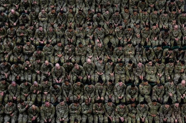 January 14, 2024 - Trenton, New Jersey, USA - Soldiers with the 44th Infantry Brigade Combat Team, New Jersey Army National Guard, sit in formation during the 44th IBCT™s farewell ceremony at the Cure Insurance Arena, Trenton, New Jersey, January. 14, 2024. More than 1,500 NJARNG Soldiers will deploy in support of U.S. Central Command™s Combined Joint Task Force - Operation Inherent Resolve. CJTF-OIR advises, assists, and enables partnered forces until they can independently defeat Islamic State of Iraq and Syria ISIS in designated areas of Iraq and Syria, in order to set conditions for long-term security cooperation frameworks. It is the largest deployment of New Jersey Army National Guard Soldiers since 2008 Trenton USA - ZUMAz03_ 20240114_shv_z03_147 Copyright: xU.S.xArmyx