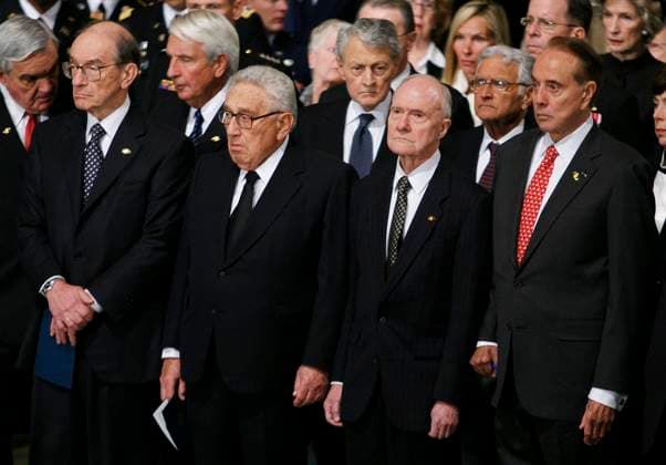 Former President Gerald R. Ford Lies in State at Capitol Washington, D.C. - December 30, 2006 -- (left to right) Former Federal Reserve Chairman Alan Greenspan, former United States Secretary of State Henry Kissinger, former National Security Advisor Brent Scowcroft and former Senate Minority Leader Bob Dole (Republican of Kansas) attend funeral services for former U.S. President Gerald Ford in the Rotunda of the U.S. Capitol December 30, 2006 in Washington, DC. Ford s body will lie in state at the U.S. Capitol until Tuesday. Ford, the 38th President of the United States, died at the age of 93 on December 26. Credit: Mark Wilson - Pool via CNP Washington District of Columbia United States of America EDITORIAL USE ONLY Copyright: xx 72898594 MarkxWilsonx cnpphotos007130
