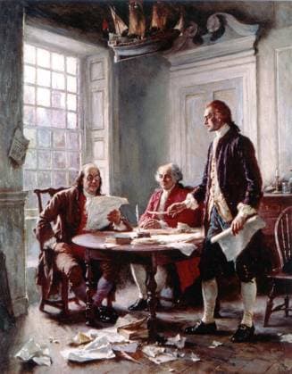 Drafting the Declaration of Independence This painting by Jean Leon Gerome Ferris depicts Thomas Jefferson standing, Benjamin Franklin reading and John Adams in between, while preparing the document in Jefferson s apartment in Philadelphia. Philadelphia PA United States EDITORIAL USE ONLY Copyright: xx 1770.0062 x picturehistory002620