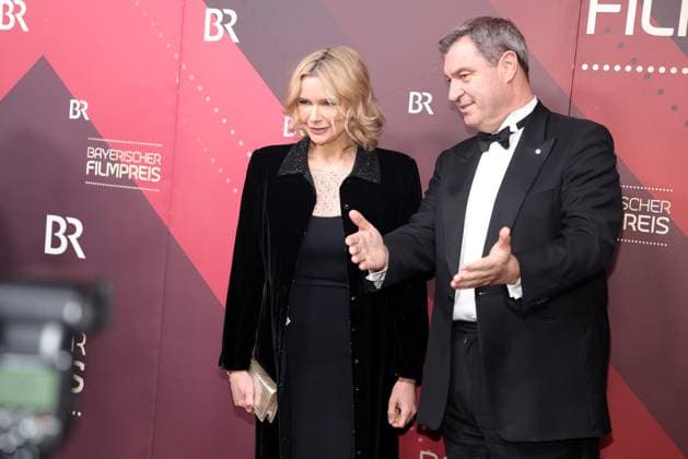 Bavarian Film Award 2023 Dr Markus Söder with Veronica Ferres on the red carpet Presentation of the 45 Bavarian Film Award 2023 on 19 01 2024 at the Prinzregententheater in Munich Bavaria, Germany