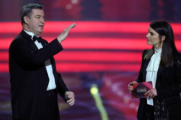 Bavarian Film Award 2023 Bavarian Prime Minister Dr. Markus Söder with presenter Sandra Riess Presentation of the 45 Bavarian Film Award 2023 on 19 01 2024 at the Prinzregententheater in Munich Bavaria, Germany