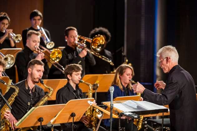 18 01 2024 Weimar Concert by the Jazz Orchestra of the Franz Liszt School of Music under the direction of Erik van Lier The well-known Dutch jazz bass trombonist spent several days working with the young musicians of the school on the jazz musician Peter Herbolzheimer, who died in 2010 and under whose direction Erik van Lier played in the legen