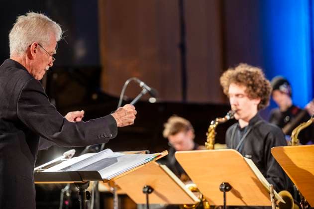 18 01 2024 Weimar Concert by the Jazz Orchestra of the Franz Liszt School of Music under the direction of Erik van Lier The well-known Dutch jazz bass trombonist spent several days working with the young musicians of the school on the jazz musician Peter Herbolzheimer, who died in 2010 and under whose direction Erik van Lier played in the legen