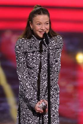 Bavarian Film Award 2023 Hannah Herzsprung, winner in the Best Actress category during her acceptance speech at the 45 Bavarian Film Award 2023 ceremony on 19 01 2024 at the Prinzregententheater in Munich Bavaria, Germany