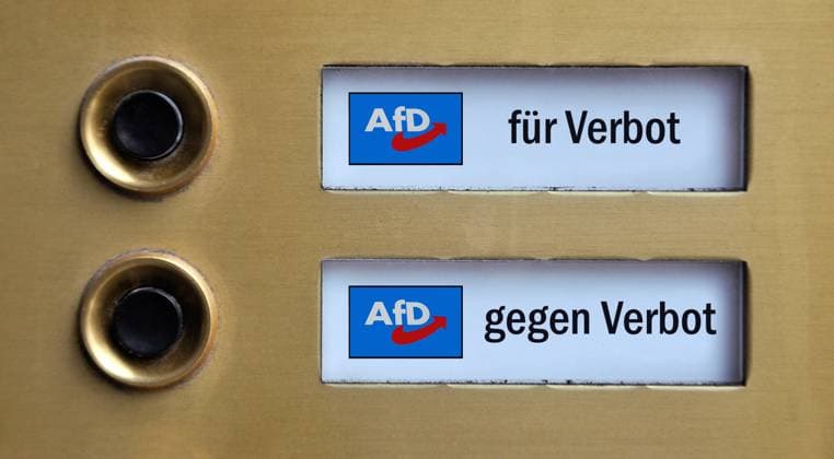 Klingelschilder mit AfD-Logo sowie für Verbot und gegen Verbot Klingelschilder mit AfD-Logo sowie für Verbot und gegen Verbot, 20.01.2024, Borkwalde, Brandenburg, Auf zwei Klingelschildern befinden sich AfD-Logos mit den Schriftzügen für Verbot und gegen Verbot. *** Doorbell signs with AfD logo and for ban and against ban Doorbell signs with AfD logo and for ban and against ban, 20 01 2024, Borkwalde, Brandenburg, Two doorbell signs feature AfD logos with the words for ban and against ban