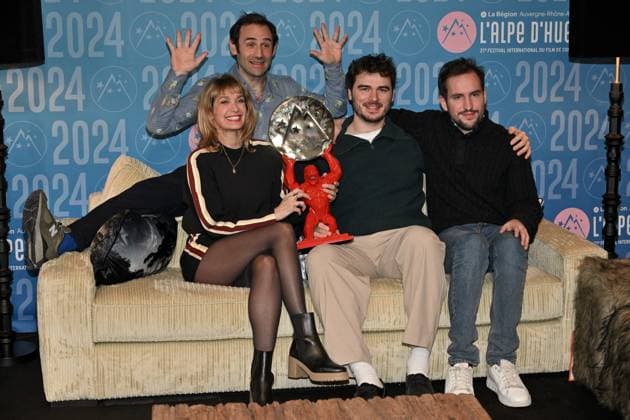27th Alpe D Huez Festival Winners Photocall Caroline Anglade, Pierre Samuel, Maxime Azzopardi, Adrien Guedra Degeorges attending the Winners Photocall during the 27th Alpe d Huez Film Festival in Alpe d Huez, France on January 20, 2024. Photo by Julien Reynaud APS-Medias ABACAPRESS.COM Alpe d Huez France  Copyright: xReynaudxJulien APS-Medias ABACAx
