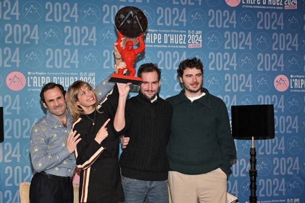 27th Alpe D Huez Festival Winners Photocall Caroline Anglade, Pierre Samuel, Maxime Azzopardi, Adrien Guedra Degeorges attending the Winners Photocall during the 27th Alpe d Huez Film Festival in Alpe d Huez, France on January 20, 2024. Photo by Julien Reynaud APS-Medias ABACAPRESS.COM Alpe d Huez France  Copyright: xReynaudxJulien APS-Medias ABACAx
