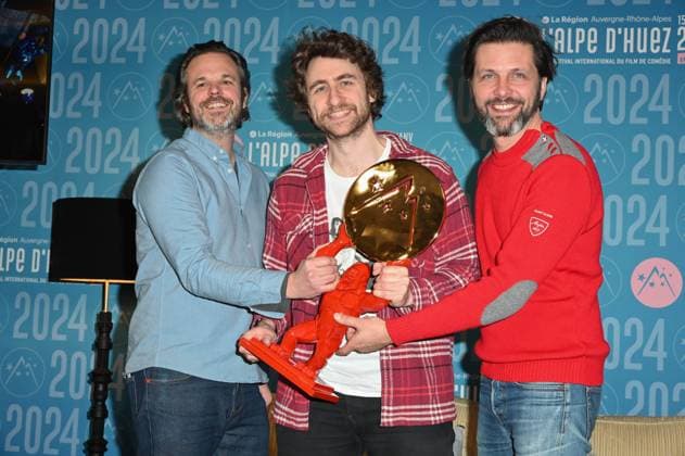 27th L Alpe d Huez Festival Winners Photocall Florent Bernard and producers (Grand Prix for the movie Nous, les Leroy ) posing for the photocall of the winners during the 27th Comedy Film Festival in L Alpe d?Huez, France, on January 20, 2024. Photo by Mireille Ampilhac ABACAPRESS.COM L Alpe d Huez France  Copyright: xAmpilhacxMireille ABACAx