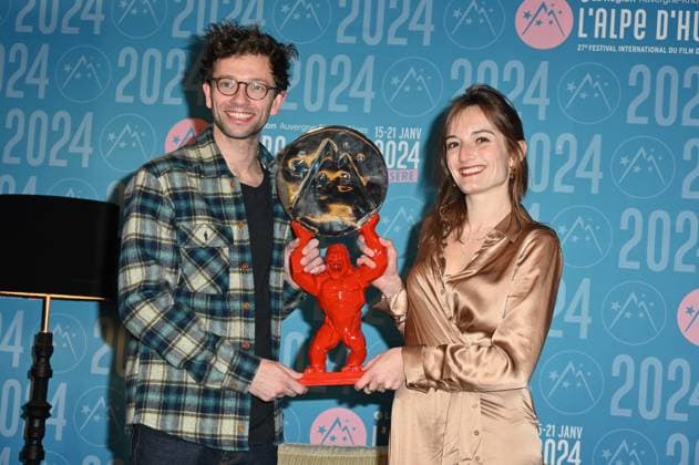 27th L Alpe d Huez Festival Winners Photocall Xavier Lacaille and Clemence Dargent (Coup de coeur du jury for the movie Bis repetita ) posing for the photocall of the winners during the 27th Comedy Film Festival in L Alpe d?Huez, France, on January 20, 2024. Photo by Mireille Ampilhac ABACAPRESS.COM L Alpe d Huez France  Copyright: xAmpilhacxMireille ABACAx