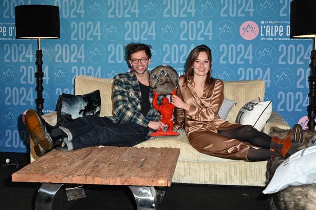 27th L Alpe d Huez Festival Winners Photocall Xavier Lacaille and Clemence Dargent (Coup de coeur du jury for the movie Bis repetita ) posing for the photocall of the winners during the 27th Comedy Film Festival in L Alpe d?Huez, France, on January 20, 2024. Photo by Mireille Ampilhac ABACAPRESS.COM L Alpe d Huez France  Copyright: xAmpilhacxMireille ABACAx