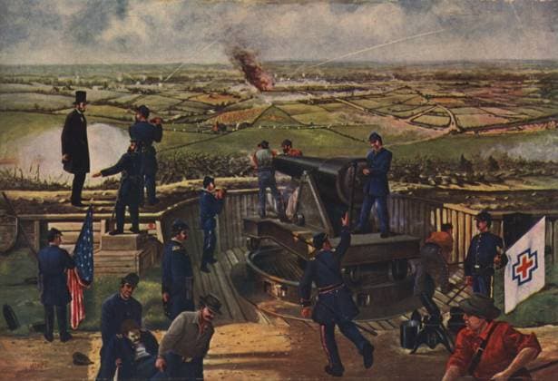 Lincoln Watches the War In this painting, Abraham Lincoln stands on the wall of a Washington, D.C. fort watching gunners aim a cannon at the distant enemy. Washington DC United States EDITORIAL USE ONLY Copyright: xx MES01585 x picturehistory012705