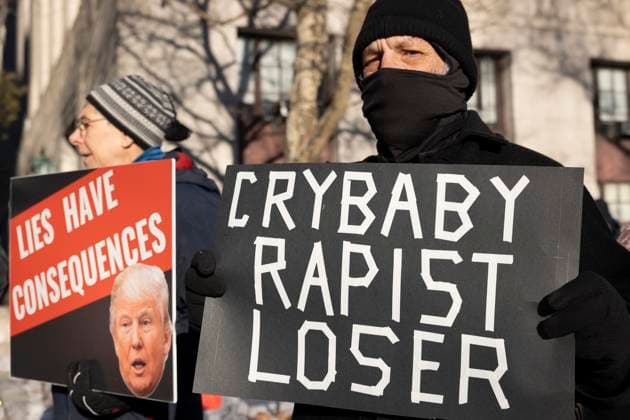 January 22, 2024, New York, New York, USA: Anti-Trump protesters with Rise & Resist hold signs outside of the U.S. District Courthouse as E. Jean Carroll and former President Donald Trump arrive for the defamation trial against Trump. Signs, some with images of Trump, read Lies have consequences, cry baby Rapist Loser. New York USA - ZUMAr174 20240122_znp_r174_001 Copyright: xGinaxMxRandazzox