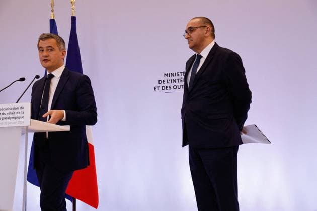 Gerald Darmanin Press Conference - Paris Interior Minister Gerald Darmanin and Laurent Nunez Prefet de police de Paris during a press conference on security for the olympic games in Paris, France on January 22, 2024. Photo by Jean-Bernard Vernier JBV News ABACAPRESS.COM Paris France  Copyright: xVernierxJean-Bernard JBVxNews ABACAx