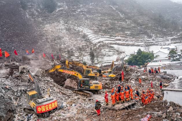 Bilder des Jahres 2024, News 01 Januar News Themen der Woche KW04 (240123) -- KUNMING, Jan. 23, 2024 -- Rescuers carry out rescue operations in Liangshui Village, Tangfang Town in the city of Zhaotong, southwest China s Yunnan Province, Jan. 23, 2024. ) Xinhua Headlines: All-out efforts in search of landslide survivors as death toll rises to 31 in SW China HuxChao 