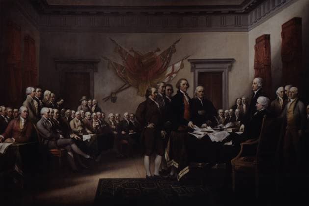 Presenting the Declaration of Independence This famous stylized painting by John Trumbull was completed after nine years of work in 1796. In it, the drafting committee of five, with Thomas Jefferson looming in front, presents the Declaration of Independence to the Continental Congress and its president, John Hancock. After heavy editing of the committee s draft of the Declaration, Congress adopted a final version on July 4, 1776. Even though it was a more moderate document than what Jefferson had originally composed, the Declaration was nothing less than a public commitment to revolution. Philadelphia PA United States EDITORIAL USE ONLY Copyright: xx 1770.0068 x picturehistory013943