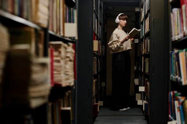 Student wearing wireless headphones and reading book near shelves in library model released, Symbolfoto property released, DSHF01532