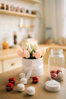 Bright sunny kitchen, vase with flowers and cakes macaron Prague, Prague, Czechia CR_UJEL2401223E-1334993-01