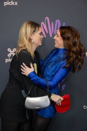 radio host Fien Germijns and radio presenter Michele Cuvelier pictured on the red carpet at the 16th edition of the MIA s (Music Industry Award) award show, in Antwerp, Wednesday 24 January 2024. The Music Industry Awards are the Flemish Music prizes handed out by the VRT and VI.BE.  JONASxROOSENS 84570303