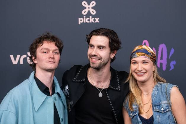 actor Tijmen Govaerts, Actor Aime Claeys and actress Mona Mina Leon pictured on the red carpet at the 16th edition of the MIA s (Music Industry Award) award show, in Antwerp, Wednesday 24 January 2024. The Music Industry Awards are the Flemish Music prizes handed out by the VRT and VI.BE.  JONASxROOSENS 84570767