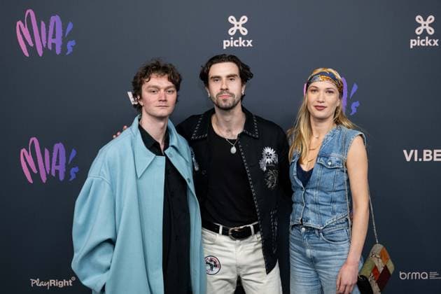actor Tijmen Govaerts, Actor Aime Claeys and actress Mona Mina Leon pictured on the red carpet at the 16th edition of the MIA s (Music Industry Award) award show, in Antwerp, Wednesday 24 January 2024. The Music Industry Awards are the Flemish Music prizes handed out by the VRT and VI.BE.  JONASxROOSENS 84570771