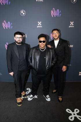 rapper Dikke (C-Mohamed Eddahbi Agounad) and two unidentifief men pictured on the red carpet at the 16th edition of the MIA s (Music Industry Award) award show, in Antwerp, Wednesday 24 January 2024. The Music Industry Awards are the Flemish Music prizes handed out by the VRT and VI.BE.  JONASxROOSENS 84571073