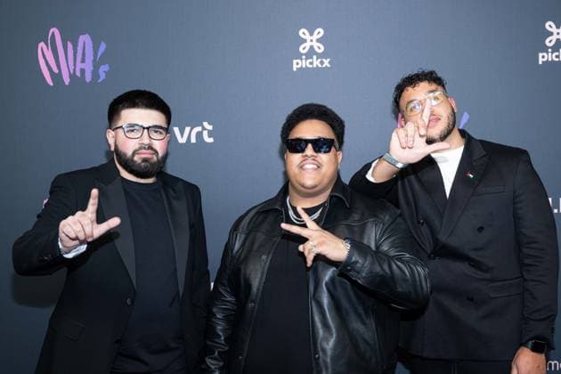 rapper Dikke (C-Mohamed Eddahbi Agounad) and two unidentified men pictured on the red carpet at the 16th edition of the MIA s (Music Industry Award) award show, in Antwerp, Wednesday 24 January 2024. The Music Industry Awards are the Flemish Music prizes handed out by the VRT and VI.BE.  JONASxROOSENS 84571081