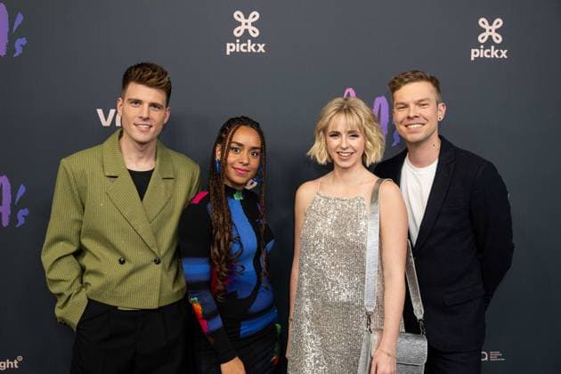Jensen Baert, Karrewiet presenter Annebet Ampofo, Maurane Proost and Karrewiet presenter Jelle Mels pictured on the red carpet at the 16th edition of the MIA s (Music Industry Award) award show, in Antwerp, Wednesday 24 January 2024. The Music Industry Awards are the Flemish Music prizes handed out by the VRT and VI.BE.  JONASxROOSENS 84571683