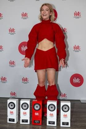 actress and singer Pommelien Thijs poses with her five MIA awards after the 16th edition of the MIA s (Music Industry Award) award show, in Antwerp, Wednesday 24 January 2024. The Music Industry Awards are the Flemish Music prizes handed out by the VRT and VI.BE.  JONASxROOSENS 84574052