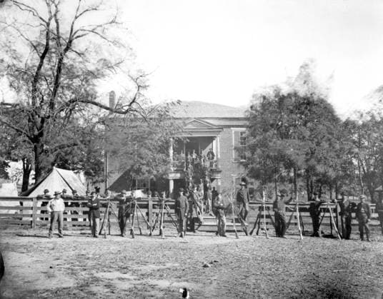 Federal Soldiers at the Appomattox Court House Union soldiers are shown here posing outside the Appomattox Court House in a photograph by Timothy O Sullivan. Appomattox Court House VA United States EDITORIAL USE ONLY Copyright: xx 1860.0329 TimothyxO Sullivanx picturehistory017599