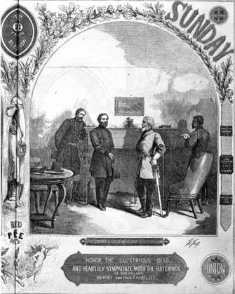 Lee Surrenders to Grant This book illustration depicts Confederate General Robert E. Lee as he surrenders to General Ulysses S. Grant. Underneath the illustration is the caption, Honor the illustrious dead and heartily sympathize with the sufferings of our gallant heroes and their families. Appomattox Court House VA United States EDITORIAL USE ONLY Copyright: xx 1860.0313A x picturehistory017751