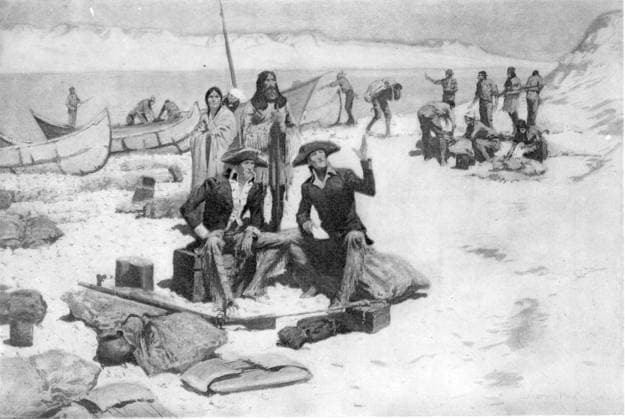Lewis and Clark at the Mouth of the Columbia River This painting by Frederic Remington shows Lewis and Clark at the mouth of the Columbia River seated and talking while men behind them unpack their supplies from boats. Astoria OR United States EDITORIAL USE ONLY Copyright: xx 1800.0042 x picturehistory017754
