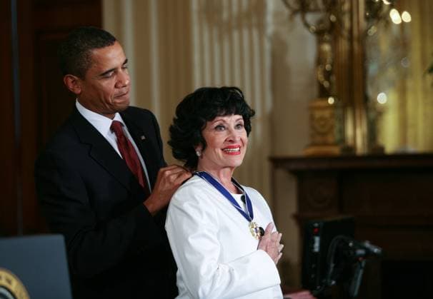 Obama Awards Medal of Freedom Washington, DC - August 12, 2009 -- United States President Barack Obama (L) presents Hispanic actress, singer and dancer Chita Rivera the 2009 Medal of Freedom. The award is the highest honor a civilian can achieve for being recognized for their outstanding achievements in life. The award were given to Stephen Hawking, Ted Kennedy, Billie Jean King, Harvey Milk (posthumously) , Sandra Day O Connor, Desmond Tutu, Dr. Pedro Jose Greer, Nancy Goodman Brinker, Jack Kemp (posthumously), Reverend Joseph Lowery, Dr. Joseph Medicine Crow, Mary Robinson, Janet Davison Rowley, Dr. Muhammad Yunus, Chita Rivera, and Sidney Poitier. .Credit: Gary Fabiano Pool via CNP Washington District of Columbia United States of Amer Copyright: xx 1205.jpg GaryxFabianox cnpphotos019498