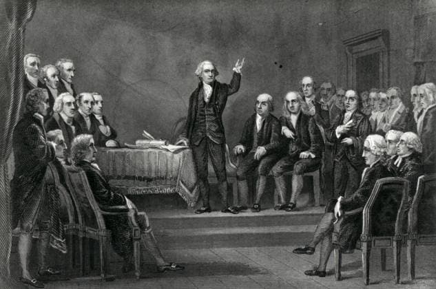 Washington Presiding Over the Convention This illustration depicts George Washington with hand raised as the delegates look to him for guidance. Philadelphia PA United States EDITORIAL USE ONLY Copyright: xx 1780.0019 x picturehistory019618