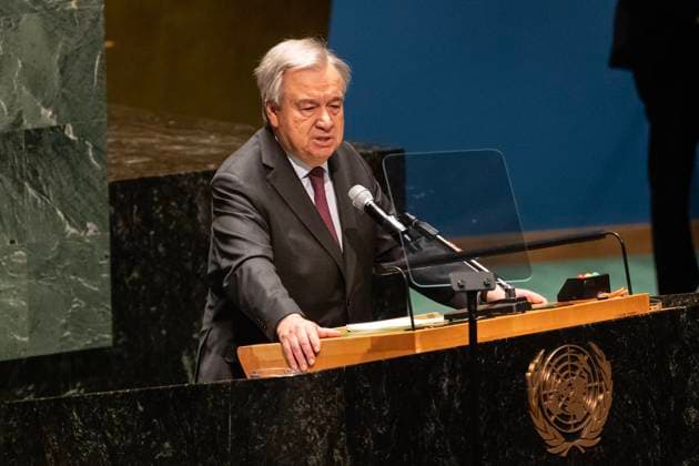 Bilder des Jahres 2024, News 01 Januar News Themen der Woche KW04 News Bilder des Tages NY: United Nations Holocaust Memorial Ceremony Secretary-General Antonio Guterres speaks during United Nations Holocaust Memorial Ceremony in observance of the International Day of Commemoration in memory of the victims of the Holocaust, 27 January at UN Headquarters in New York New York New York United States Copyright: LevxRadin
