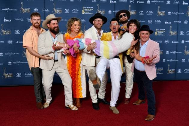 TAMWORTH COUNTRY MUSIC FESTIVAL 2024, Fanny Lumsden and The Prawnstars arrive at the Golden Guitar Awards during the 52nd Tamworth Country Music Festival in Tamworth, New South Wales, Saturday, January 27, 2024. The biggest music festival in the country returns, with the 52nd Golden Guitar awards to be announced. ( NO ARCHIVING, EDITORIAL USE ONLY, NO USE IN BOOKS WITHOUT CONSENT TAMWORTH NEW SOUTH WALES AUSTRALIA  Copyright: xBIANCAxDExMARCHIx 20240127001894206824