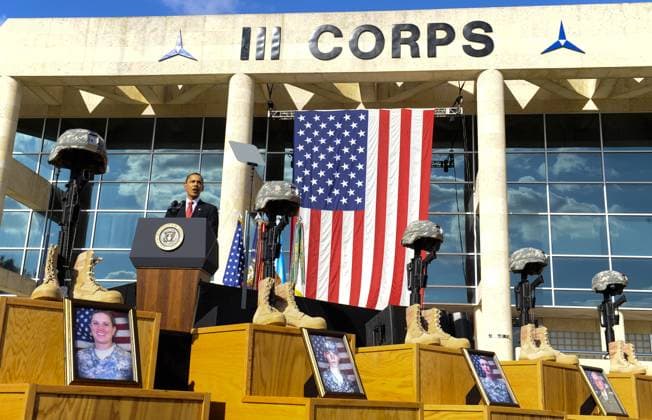Memorial service for 13 killed and 30 wounded at Fort Hood shooting Fort Hood, TX - November 10, 2009 -- U.S. President Barack Obama speaks at the memorial service for the 12 soldiers and one civilian killed at Fort Hood U.S Army Post near Killeen, Texas, USA 10 November 2009. Army Major Malik Nadal Hasan reportedly shot and killed 13 people, 12 soldiers and one civilian, and wounded 30 others in a rampage 05 November at the base s Soldier Readiness Center where deploying and returning soldiers undergo medical screenings. .Credit: Tannen Maury Pool via CNP Fort Hood Texas United States of America EDITORIAL USE ONLY Copyright: xx THM17 epa01928407 TannenxMauryx cnpphotos021495
