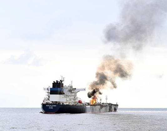 RECORD DATE NOT STATED 261965.jpg Oil tanker Marlin Luanda has caught fire 60 nautical miles southeast of Aden in Yemen after a missile attack by Houthi fighters based in Yemen on Jan 26, 2024. The ship s owner, Trafigura, said the Marlin Luanda was struck by a missile as it transited the Red Sea on Friday. Houthi brigadier general Yahya Saree called the Marlin Luanda a British tanker and said the attack was in support of the oppressed Palestinian people and in response to the American-British aggression against our country. Indian Navy photo handout taken from INS Visakhapatnam via EYEPRESS EDITORIAL USE ONLY  Copyright: xx 261965 x eyepress123192